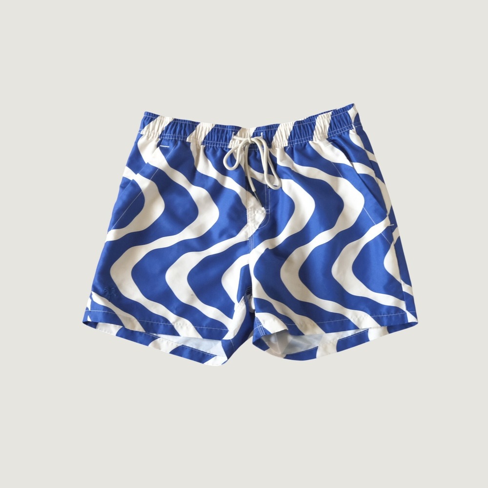 OAS Modern Swim Shorts Blue White Wavy Graphic Print Mesh Lined Size S